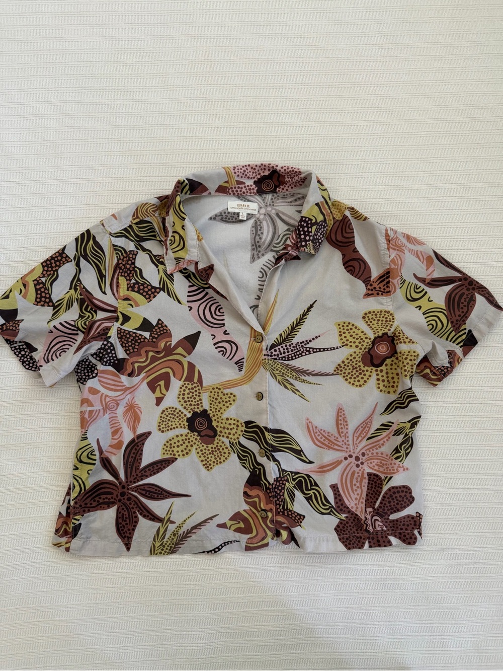 Roark Women's Camp Shirt Abstract Floral Cropped Button Up Top White Orange Lg